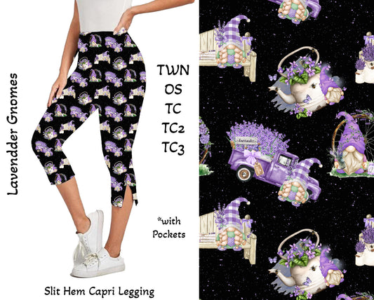 Lavender Gnomes Side Slit Hem Capri Leggings with Pockets