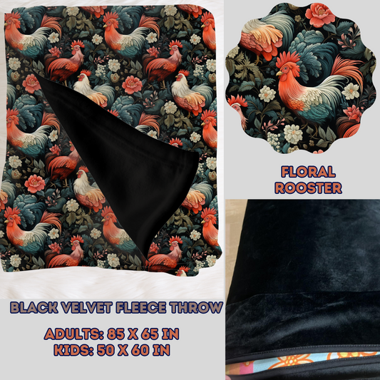 FLORAL ROOSTER - SOFT BLACK FLEECE THROW BLANKETS 2- PREORDER CLOSING 11/22