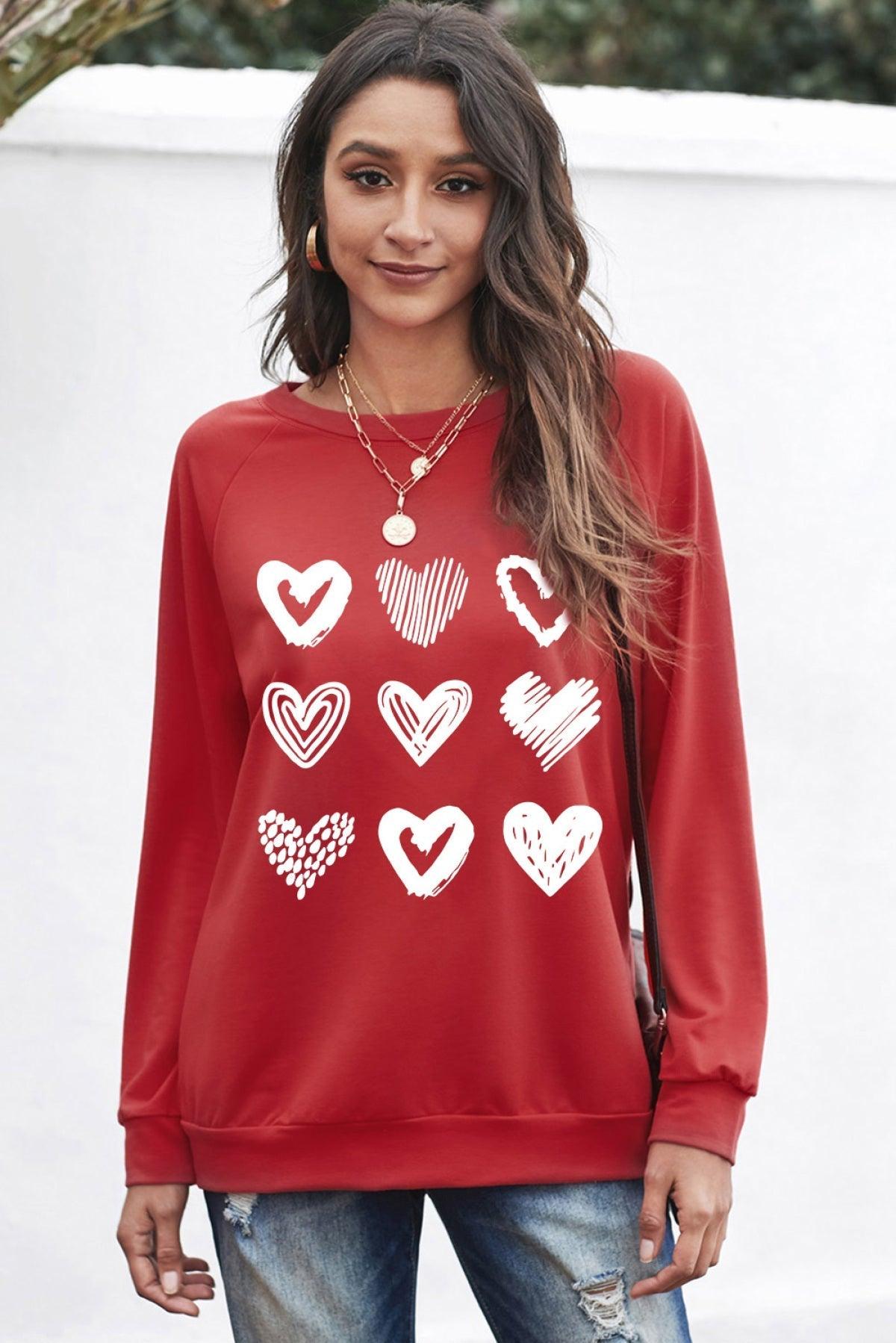 Red Hearts Print Crewneck Long Sleeve Sweatshirt - That’s So Fletch Boutique 