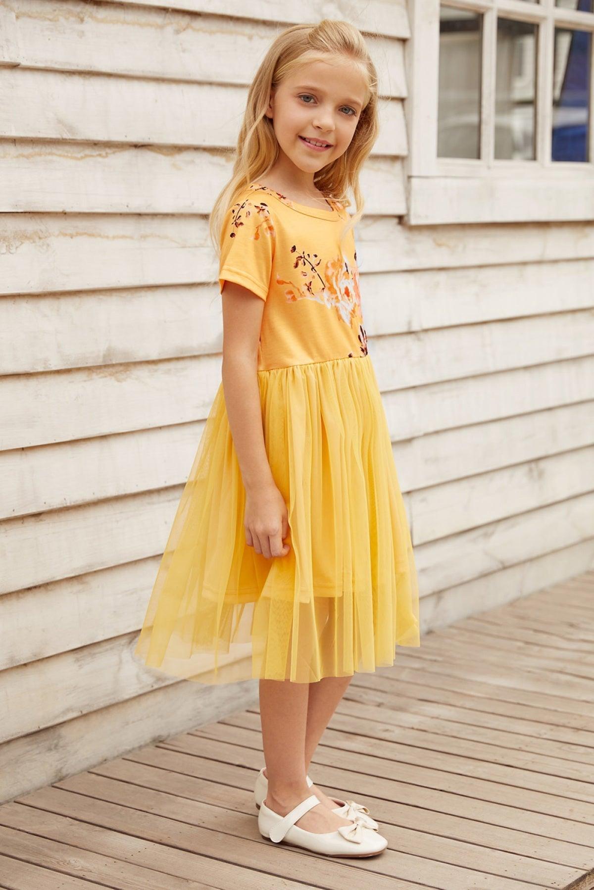 Short Sleeves Floral Bodice Empire Waist Kids' Tulle Dress - That’s So Fletch Boutique 