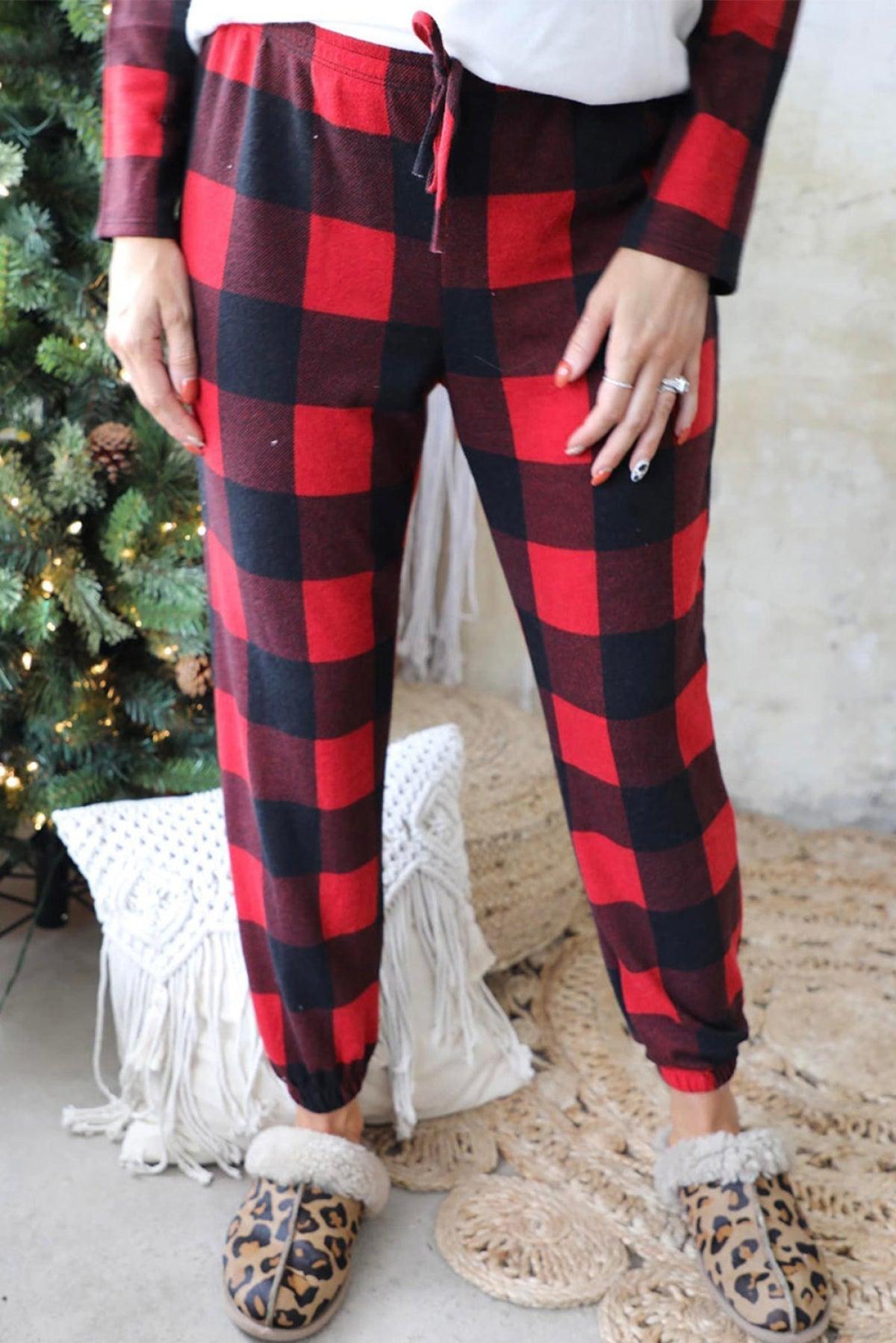 Red Heart Shaped Print Color Block Top And Plaid Pants Lounge Set - That’s So Fletch Boutique 