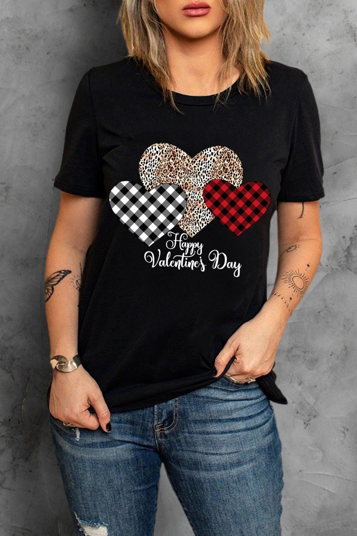 Black Happy Valentine's Day Hearts Print Short Sleeve T Shirt - That’s So Fletch Boutique 