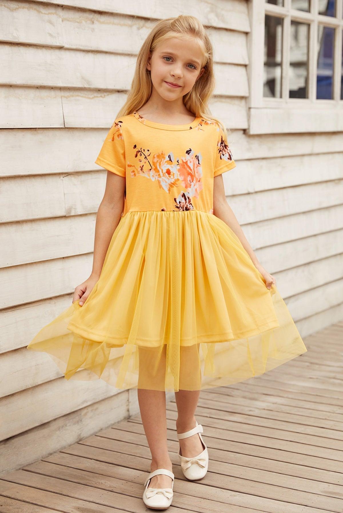 Short Sleeves Floral Bodice Empire Waist Kids' Tulle Dress - That’s So Fletch Boutique 