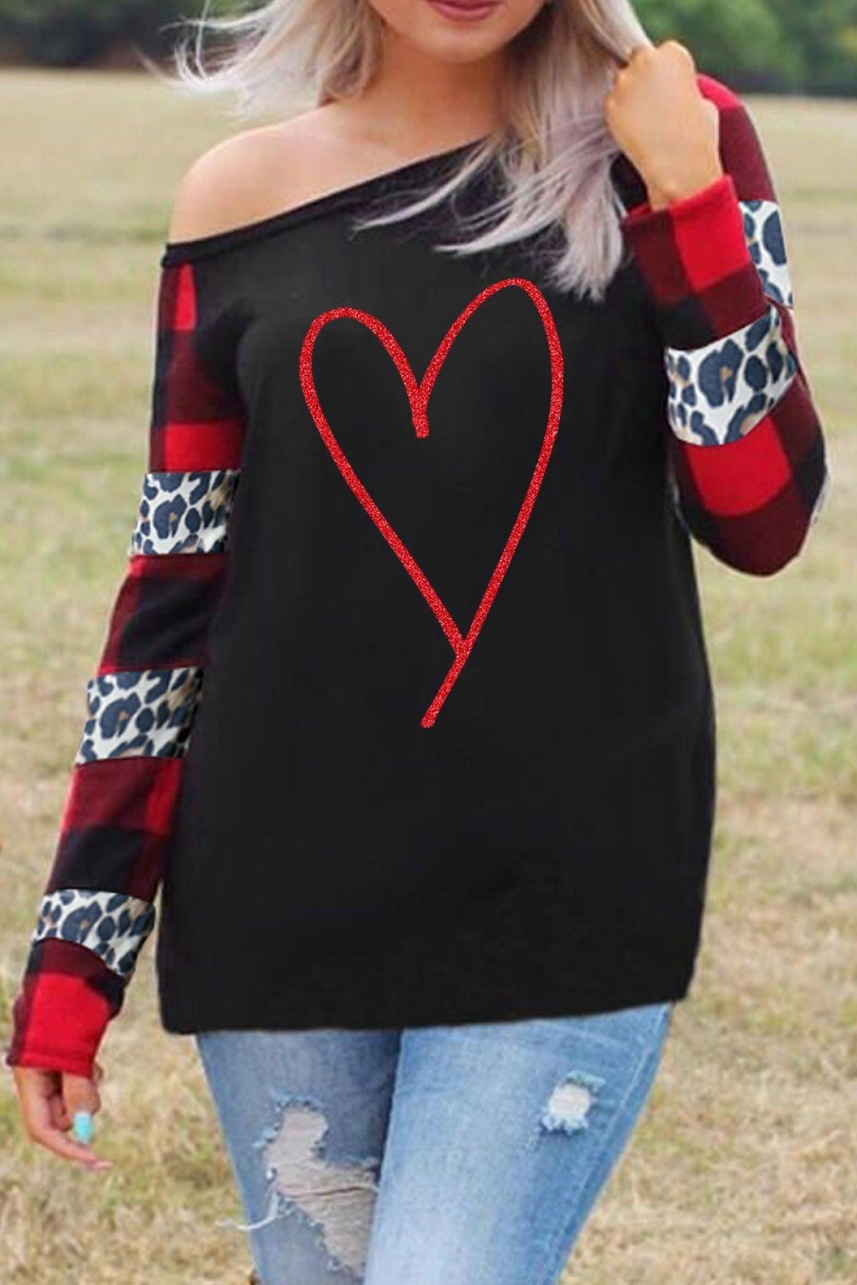 Black Heart Shaped Leopard Plaid Splicing Long Sleeve Top - That’s So Fletch Boutique 