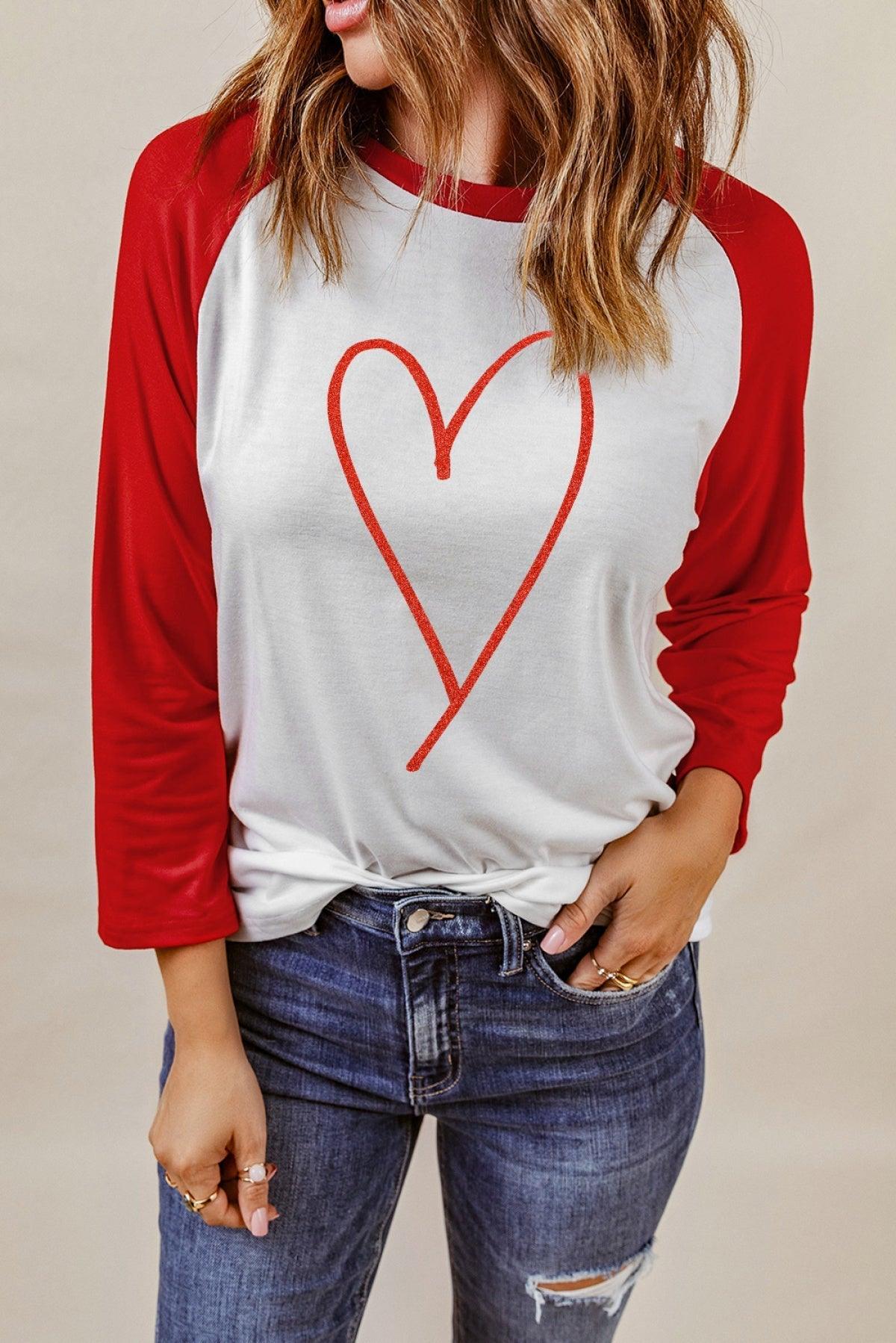 Red Heart Shaped Print Long Sleeve Color Block Top - That’s So Fletch Boutique 