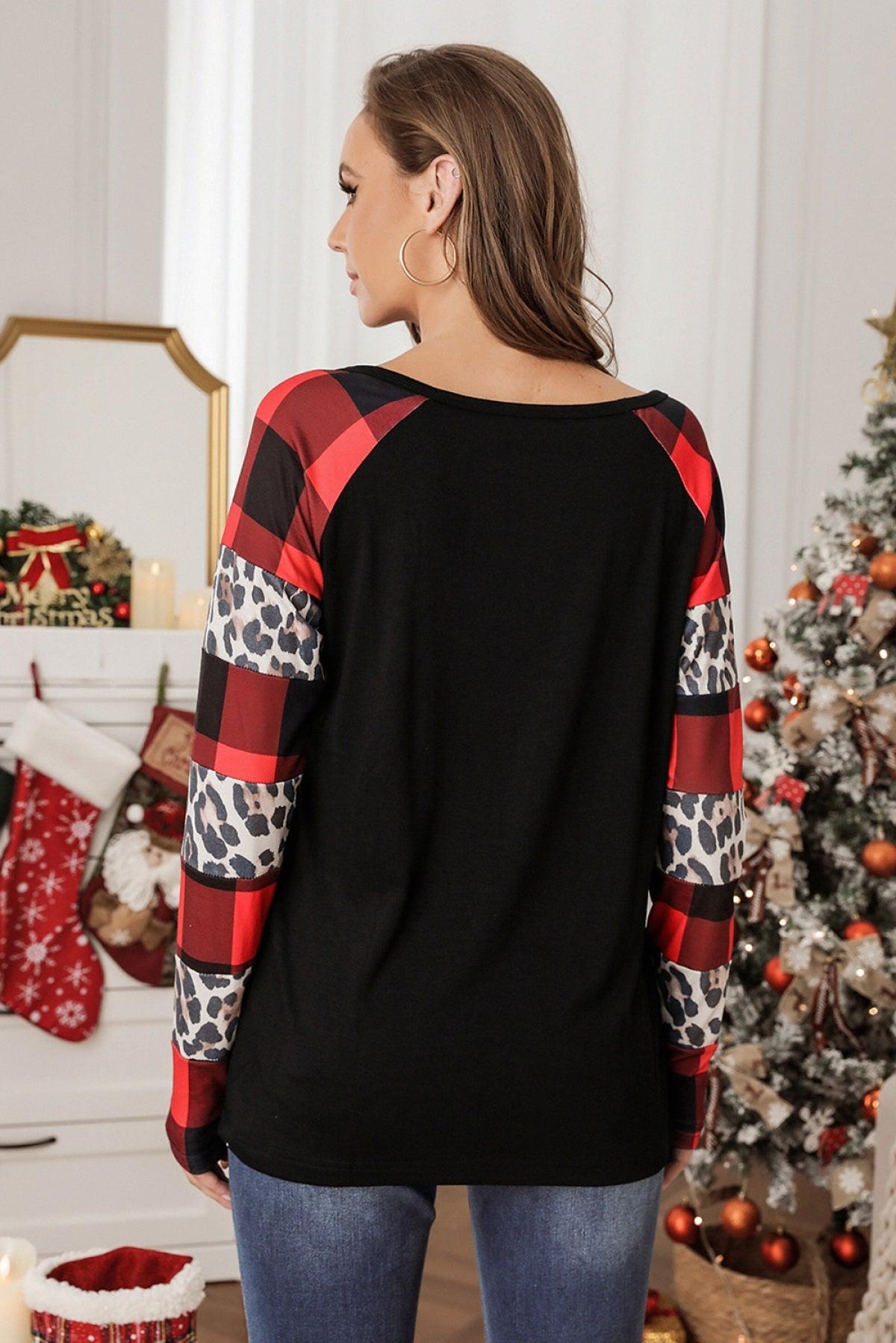 Black Heart Shaped Leopard Plaid Splicing Long Sleeve Top - That’s So Fletch Boutique 