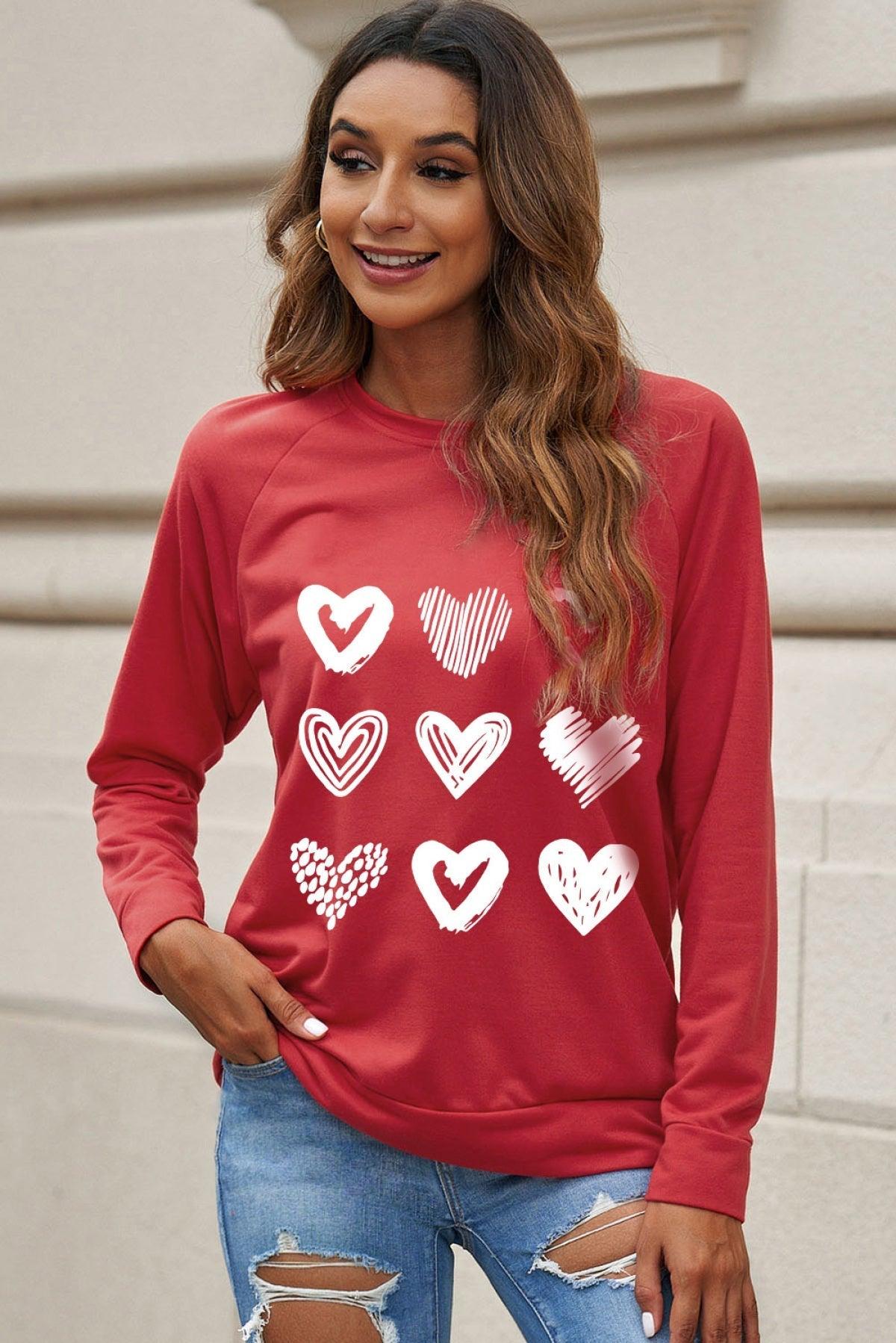 Red Hearts Print Crewneck Long Sleeve Sweatshirt - That’s So Fletch Boutique 