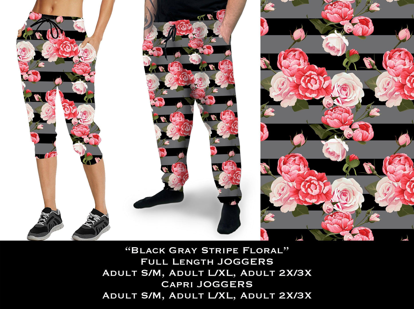 Black & Gray Stripe Floral - Full & Capri Joggers