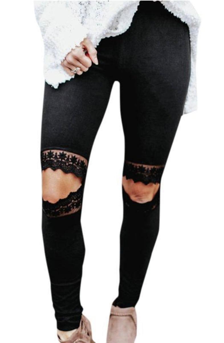 Solid Black Waterprint - Lace Knee Leggings - That’s So Fletch Boutique 