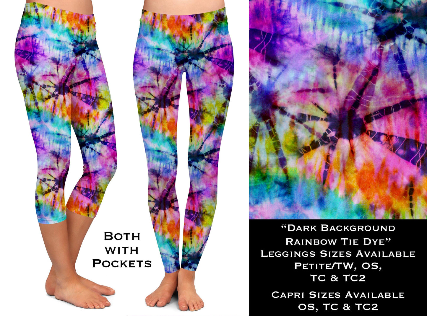 Dark Rainbow Tie Dye - Leggings & Capris with Pockets