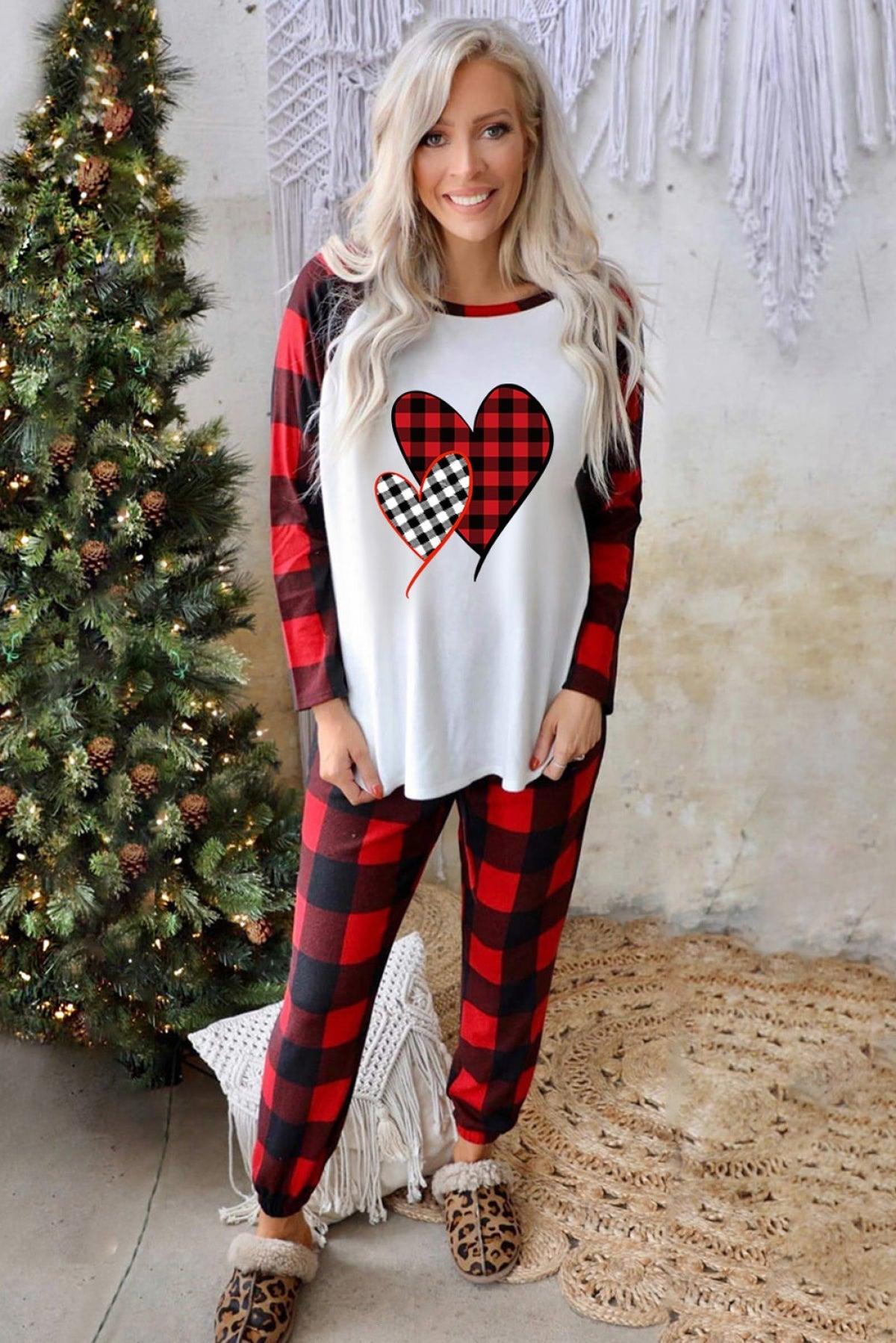 Red Heart Shaped Print Color Block Top And Plaid Pants Lounge Set - That’s So Fletch Boutique 