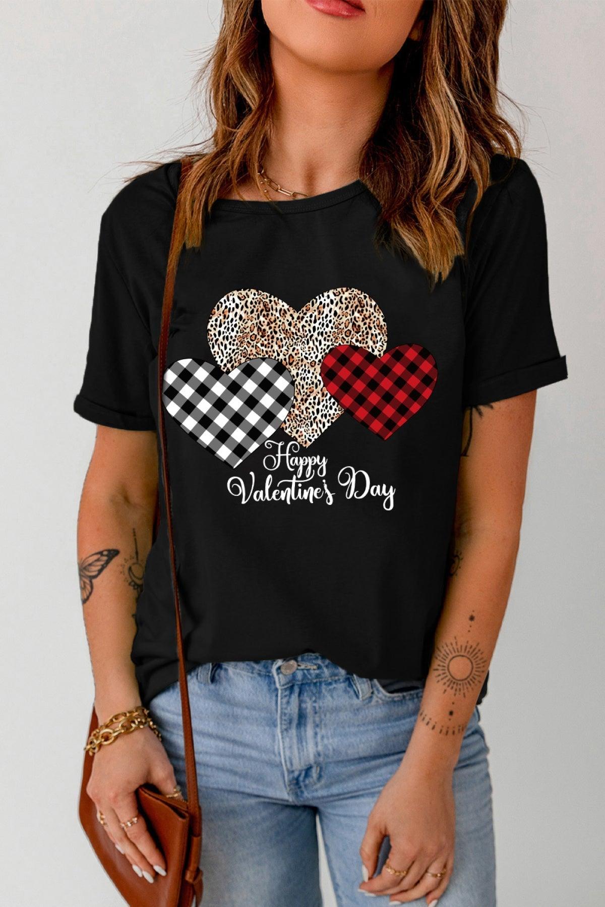 Black Happy Valentine's Day Hearts Print Short Sleeve T Shirt - That’s So Fletch Boutique 