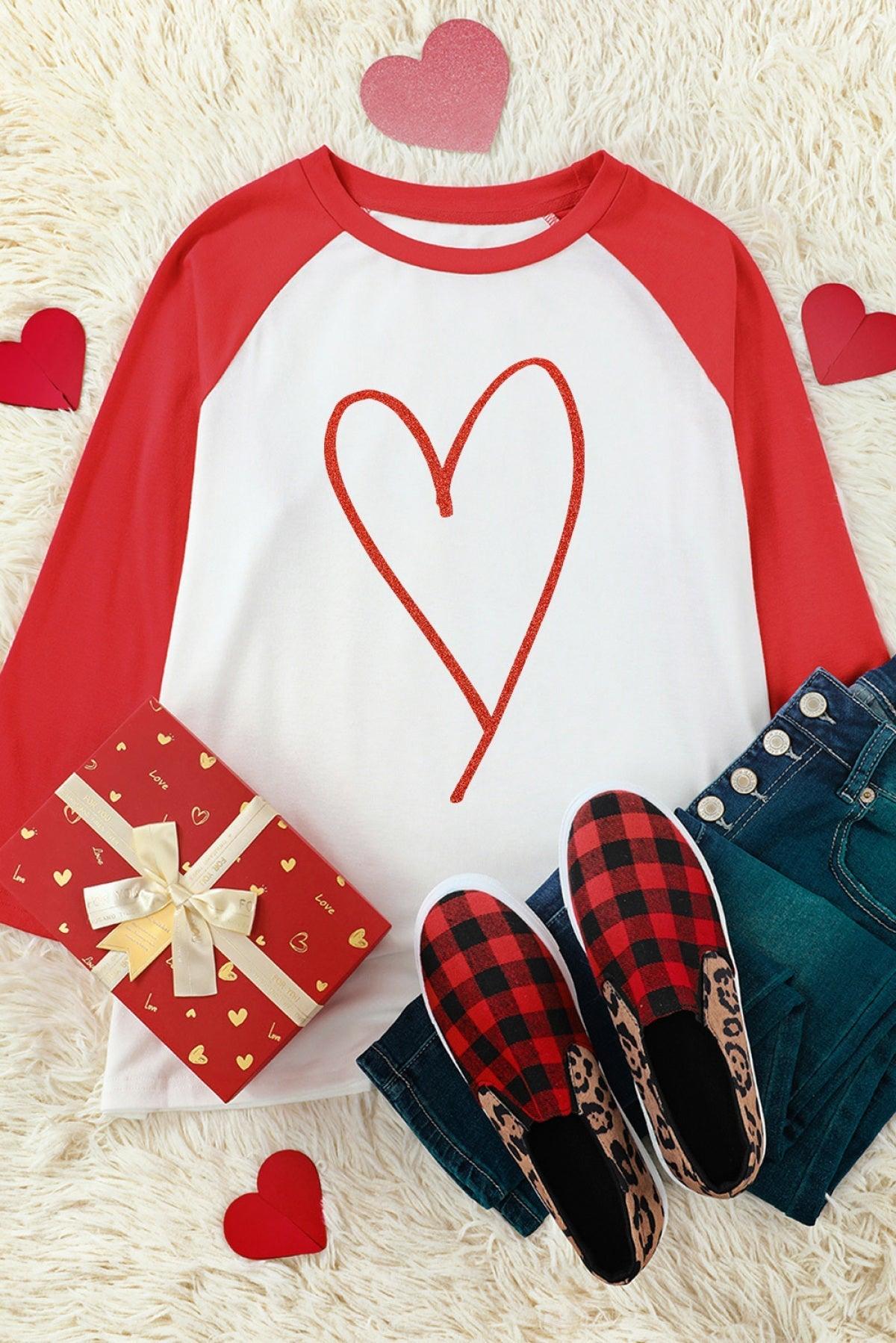 Red Heart Shaped Print Long Sleeve Color Block Top - That’s So Fletch Boutique 