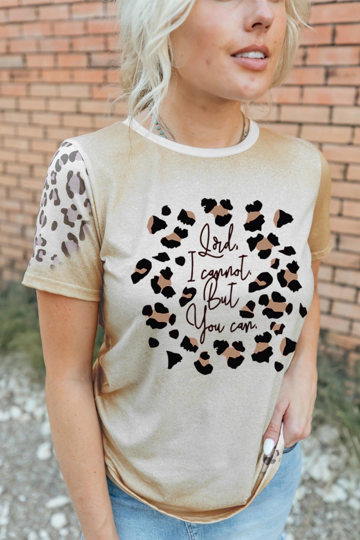 Khaki Letter Leopard Bleached Print Short Sleeve T Shirt - That’s So Fletch Boutique 